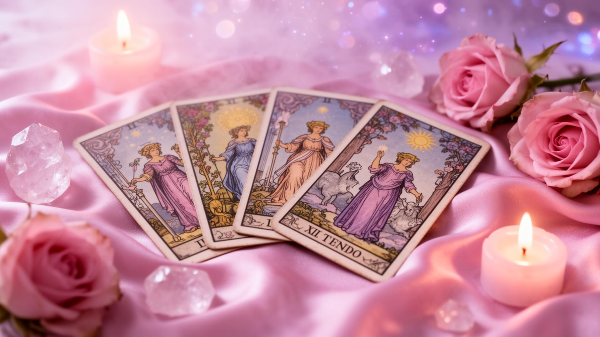 Tarot cards arranged on pink silk with rose quartz and candles
